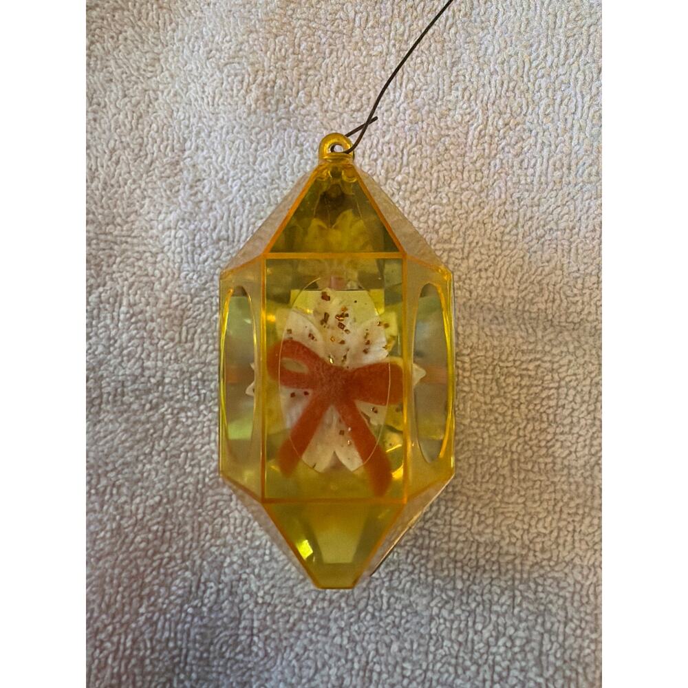 MCM 1960s Vintage Christmas Ornament Jewel Brite Diorama Snowflake Bow Yellow